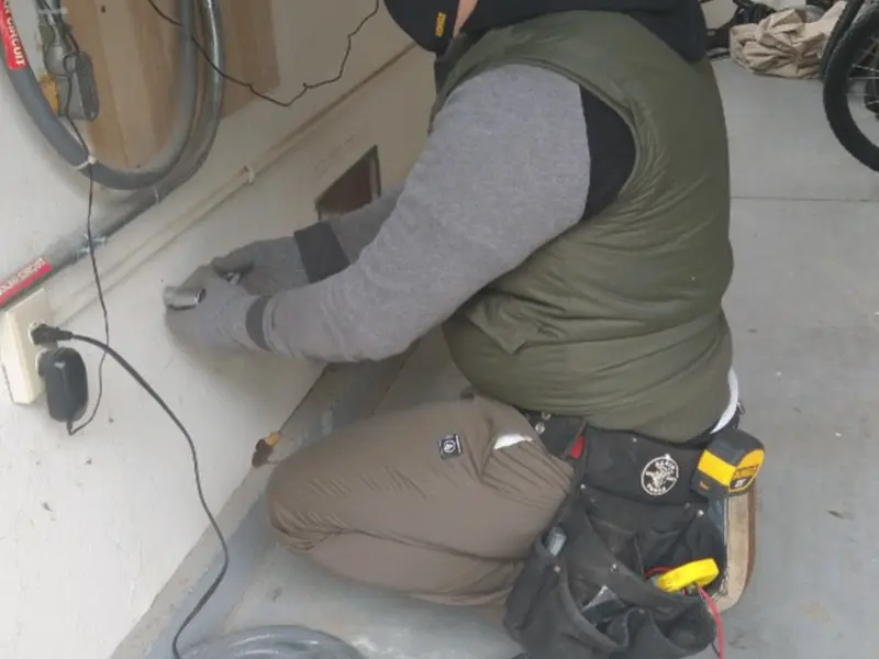 Electrician performing outlet wiring in a Winton garage